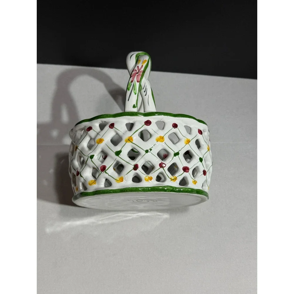 Vintage Hand Painted Portugal Ceramic Reticulated Lattice Floral Basket 406D